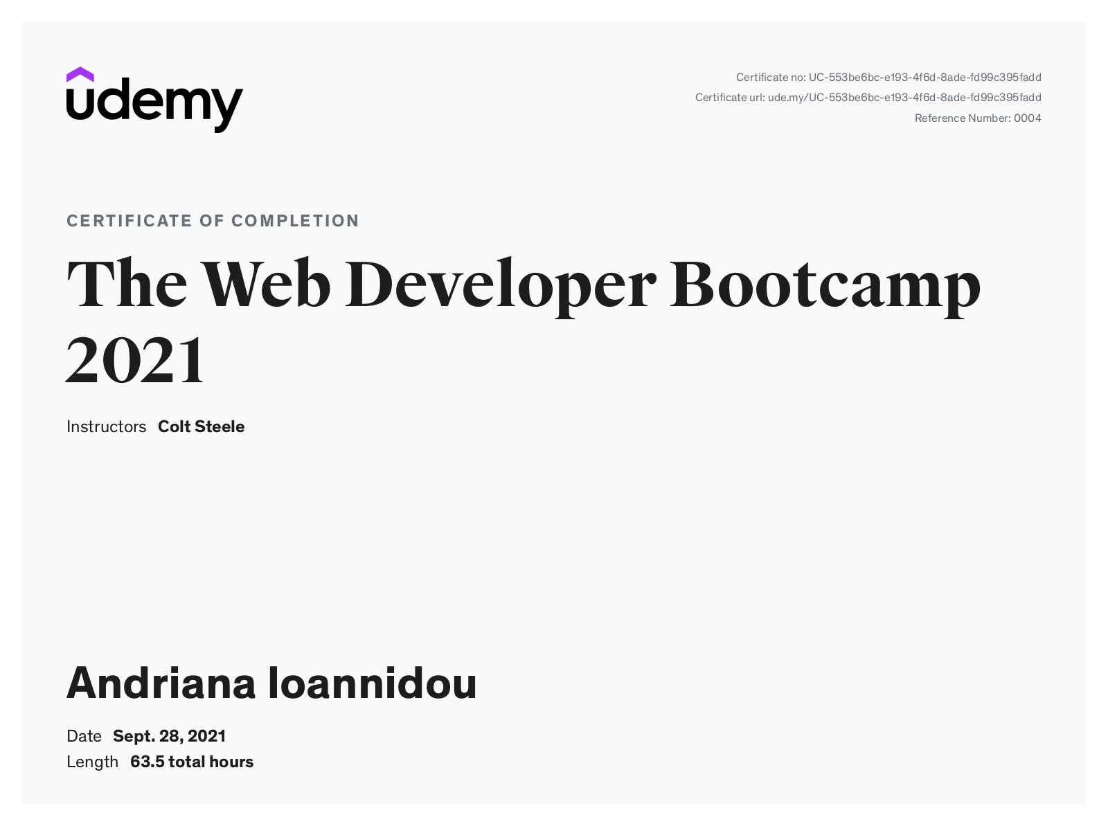 Udemy Web Developer Bootcamp Certificate